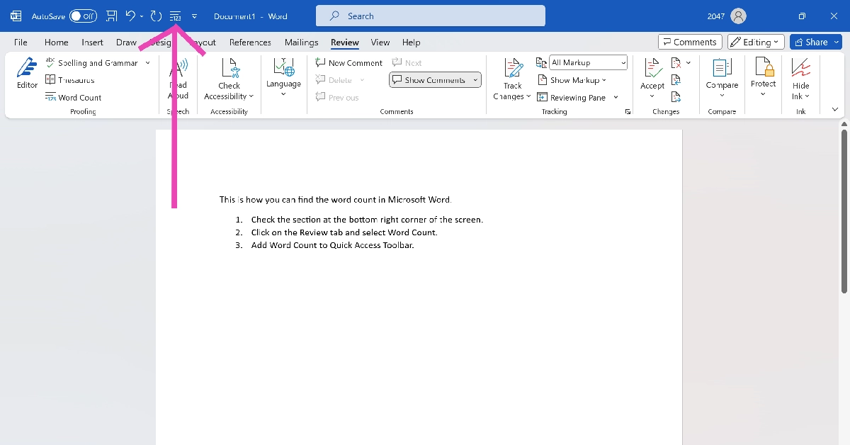 Step 4: Click on the 123 tile on the Quick Access Toolbar to view the word count of the document at any given point.