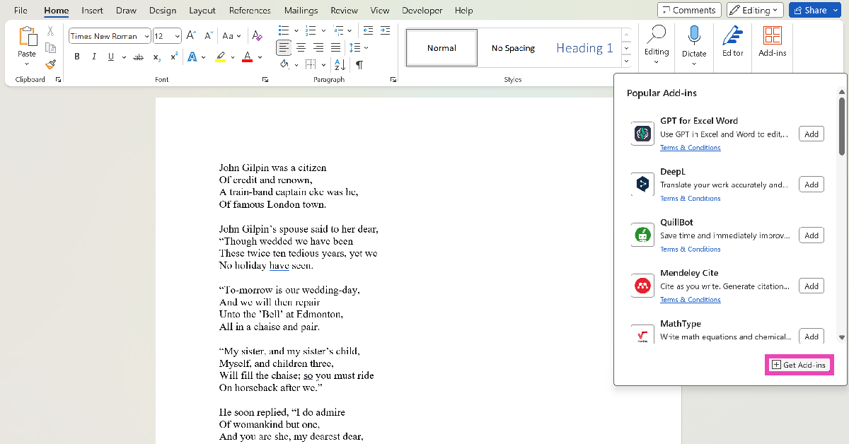 Step 3: Click on Get Add-ins.