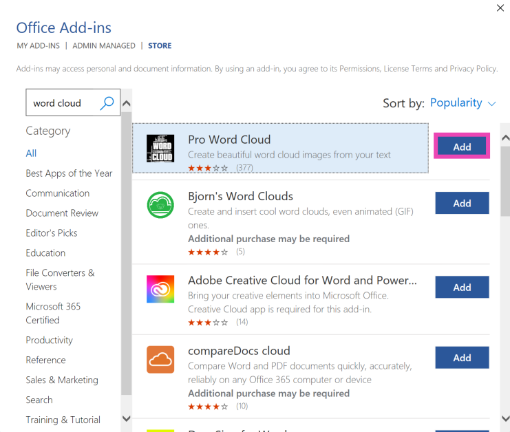 Step 5: Select the Pro Word Cloud add-in.
