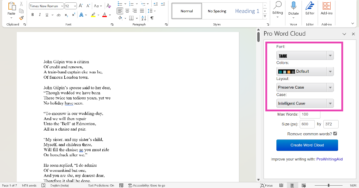 Step 6: Select the font, colours, layout, and case in the Word Cloud panel.