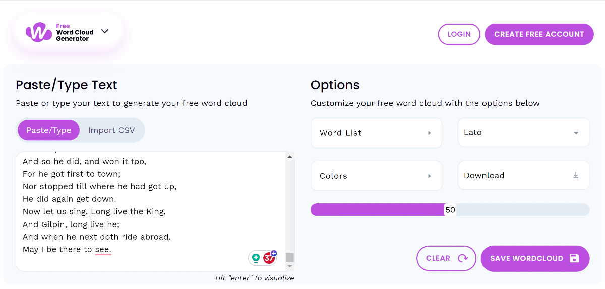 Step 3: Paste the text in the box and choose the font and background colour from the Options panel.