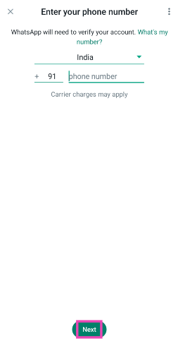 Step 7: Enter the phone number registered with your secondary WhatsApp account.
