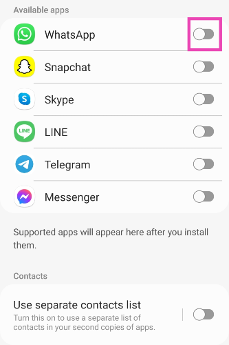 Step 3: Turn on the toggle switch for WhatsApp.
