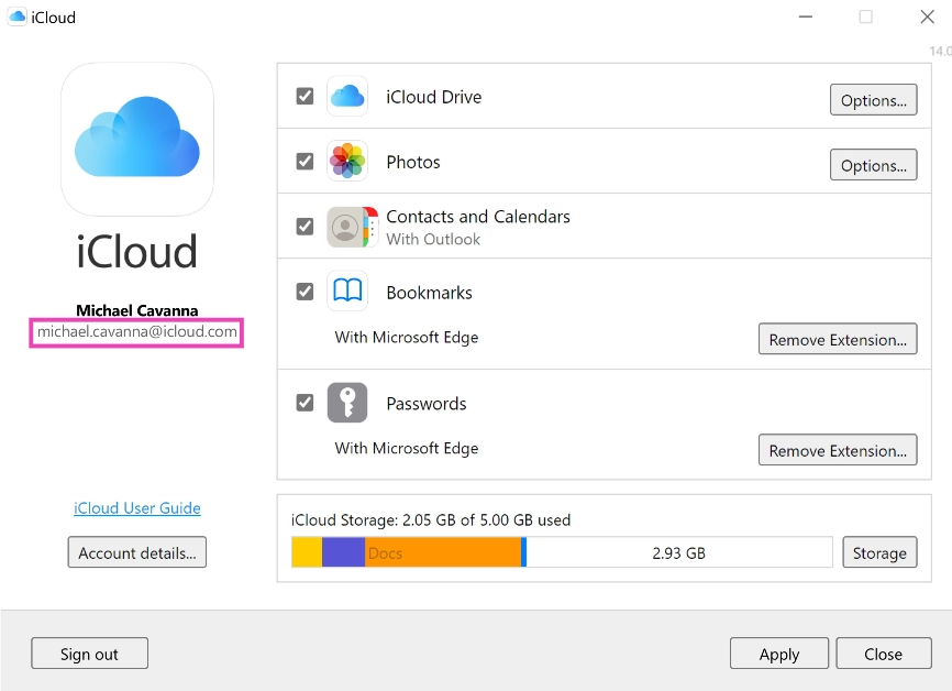 Open the iCloud app for Windows. You will find your Apple ID under your name in the left section of the page.