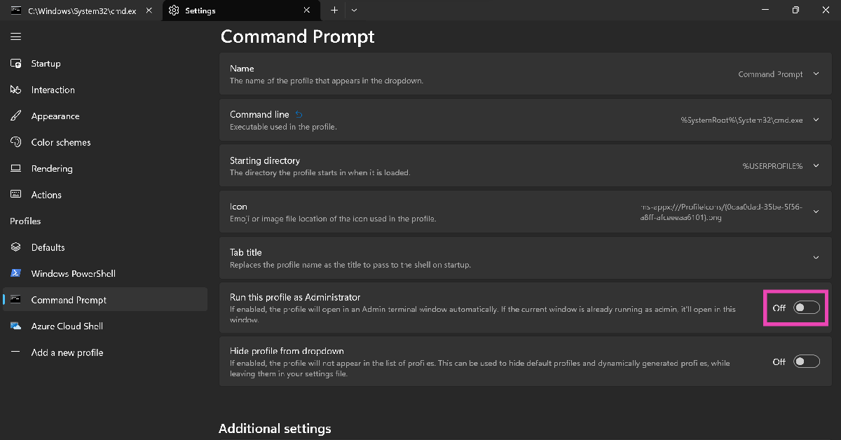 Step 5: Turn on the toggle switch for Run this profile as Administrator.