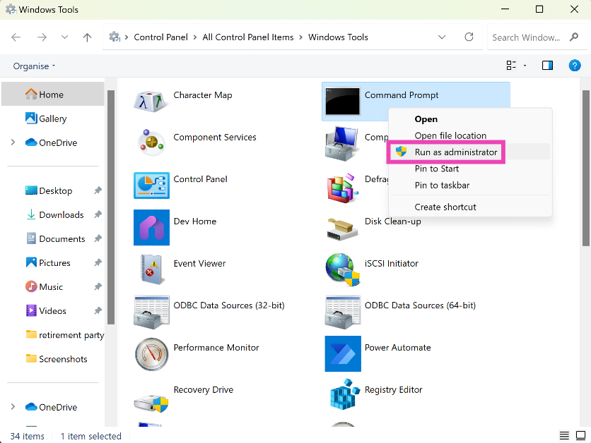 Step 2: Right-click on Command Prompt and select Run as administrator.