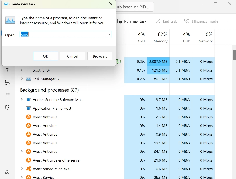 Step 4: Enter ‘cmd’ and select the checkbox for ‘Create this task with administrative privileges’.