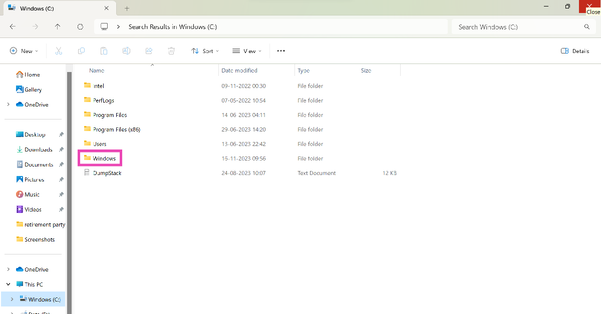 Step 2: Open the C: Drive and go to the Windows folder.