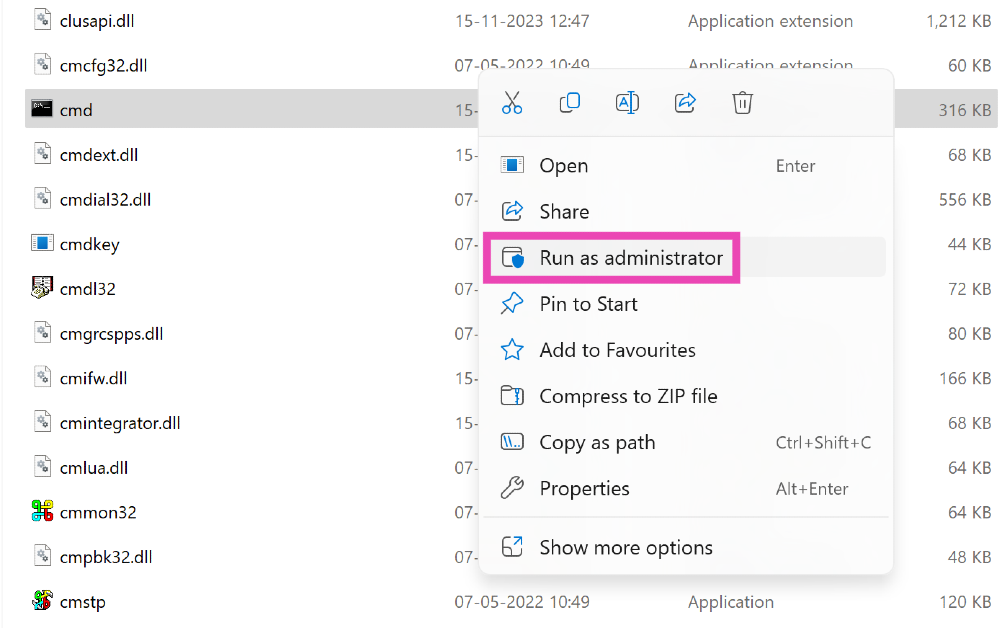 Step 4: Scroll down and right-click on cmd.exe.