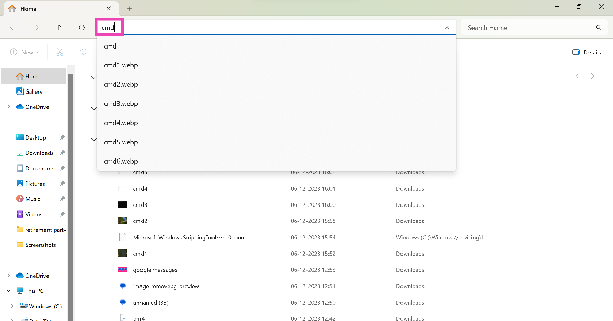 Step 2: Click on the address bar and enter ‘cmd’. Hit Enter.