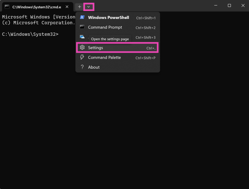 Step 3: Click on the downward arrow and select Settings.