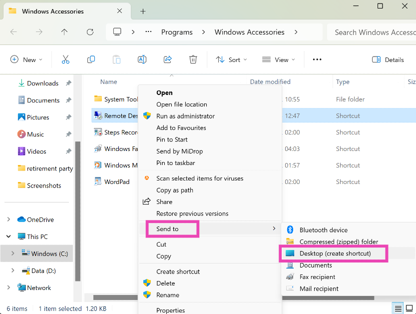 Step 4: Select Send To>Desktop (create shortcut).