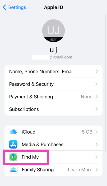 Step 2: Select Find My.