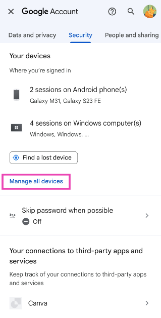 Step 4: Scroll down and select Manage all devices.