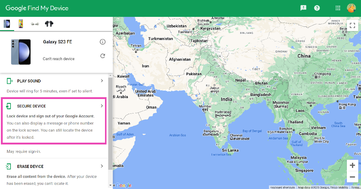 Step 3: Hit Secure Device to log out of your Google Account on the Android phone.