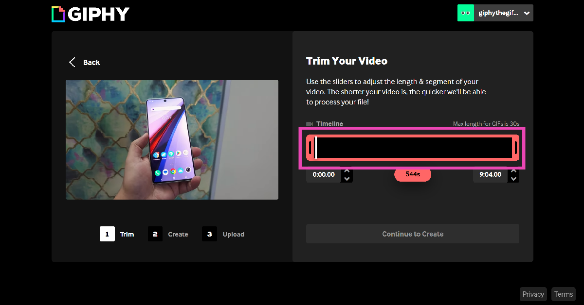 Step 4: Adjust the length of the GIF. The maximum permitted duration for a GIF is 30 seconds. Use the slider to choose which part of the video you want to turn into a GIF.