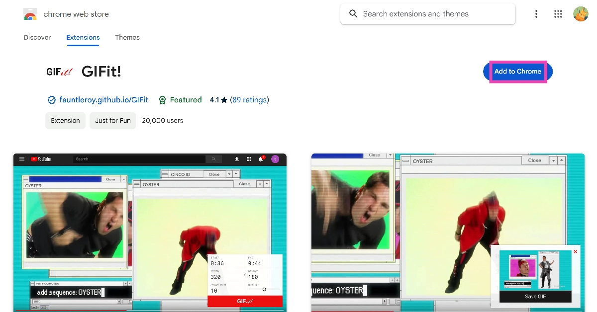 Step 1: Search for GIFit! on the Chrome Web Store and add it to your browser.