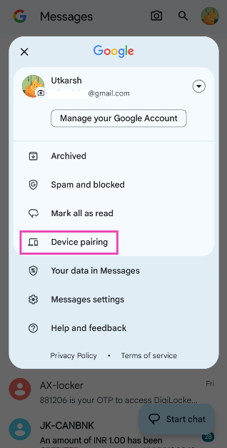 Step 2: Hit the profile icon at the top right corner of the screen and select Device Pairing. How to send a text via email? (2024)