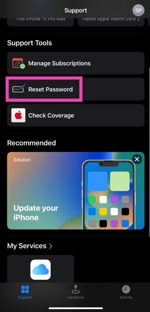 Step 2: Scroll down to Support Tools and tap on Reset Password.