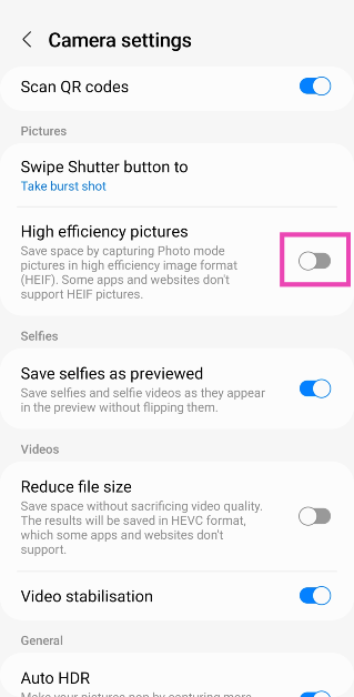 Step 2: Scroll down and turn the toggle switch off for High efficiency pictures. 10 Best Ways to Upload Photos &amp; Videos Without Compression or Losing Quality on Instagram