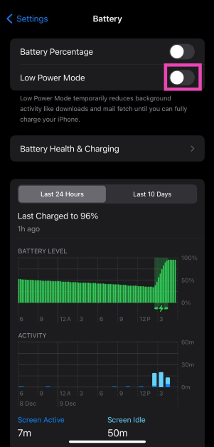 Step 2: Turn off the toggle switch for Low Power Mode.