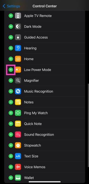 Step 2: Hit the green plus sign next to Low Power Mode. The tile will be added to the Control Center. iPhone Battery Icon Yellow? Here are the best ways to fix it turn off low power mode iphone