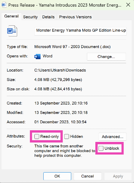 Step 2: Uncheck the box for Unblock in the General tab. Make sure the box for Read-only is not selected either. Top 5 Ways to Remove Editing Restrictions If You Can't Edit Word Document