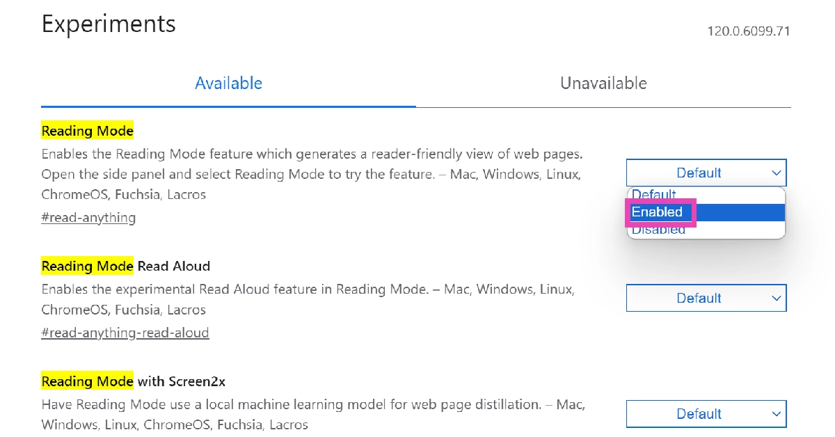 Step 4: Click on the drop-down menu for Reading Mode and select Enabled.
