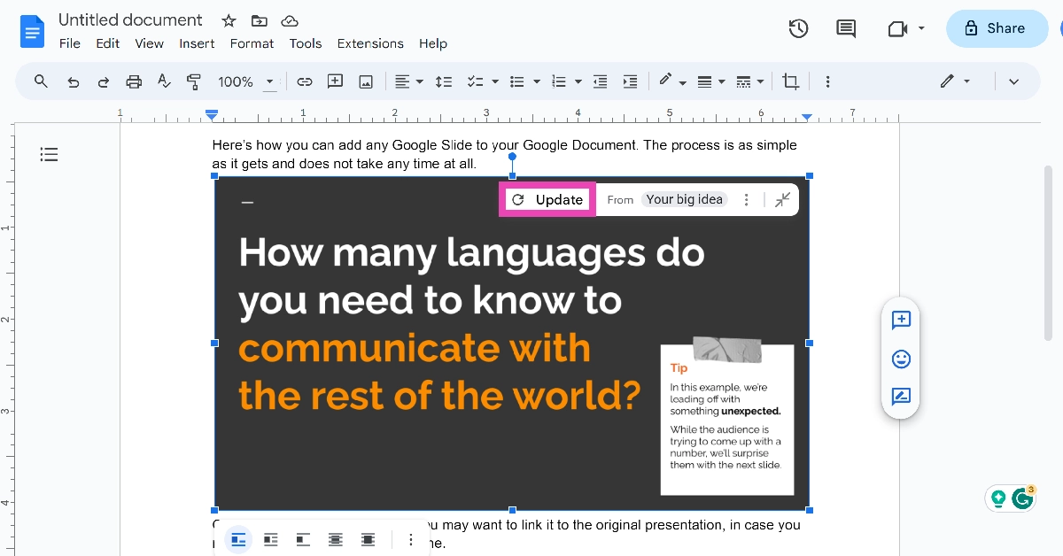 Step 8: When you change the slide in the original presentation, go back to the document and select Update from the slide's options bar.