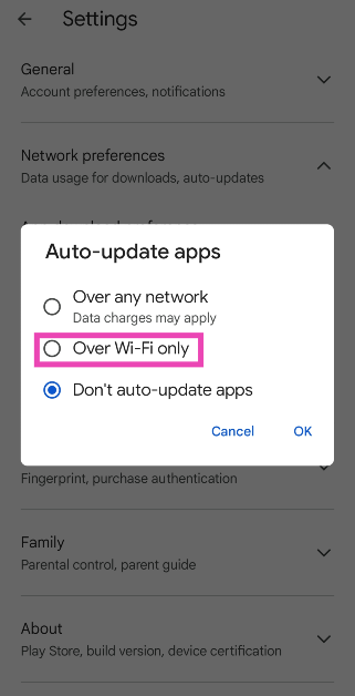 Step 6: Tap on Over Wi-Fi only. You can also choose to update apps over mobile internet, but this option isn’t recommended since it ends up using a lot of mobile data.