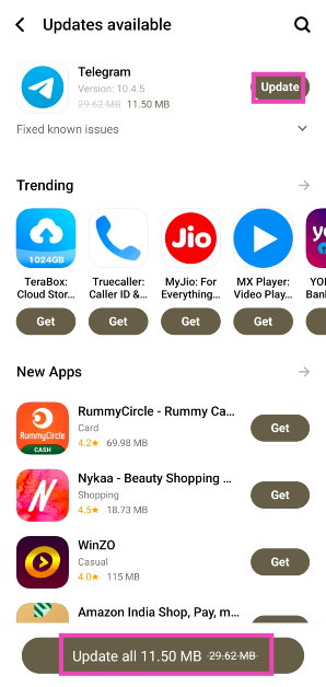 Step 4: Hit Update next to the app you want to update.