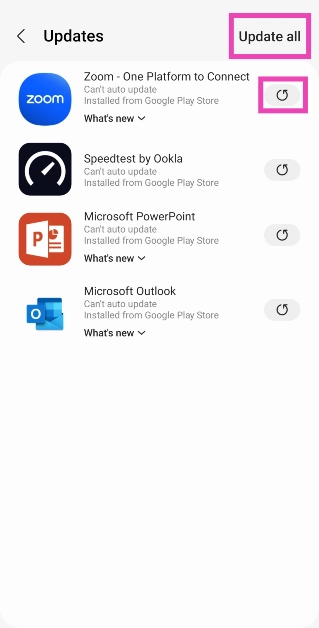 Step 4: Tap the refresh icon next to an app to update it or select Update all at the top right corner of the screen.