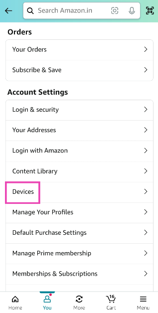 Step 4: Under Account Settings, tap on Devices.
