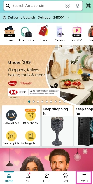 Step 2: Switch to the Menu tab and tap on Settings. 7 Easy Ways to Sign Out of Amazon on All Devices (Laptop, PC, Android and iPhone)