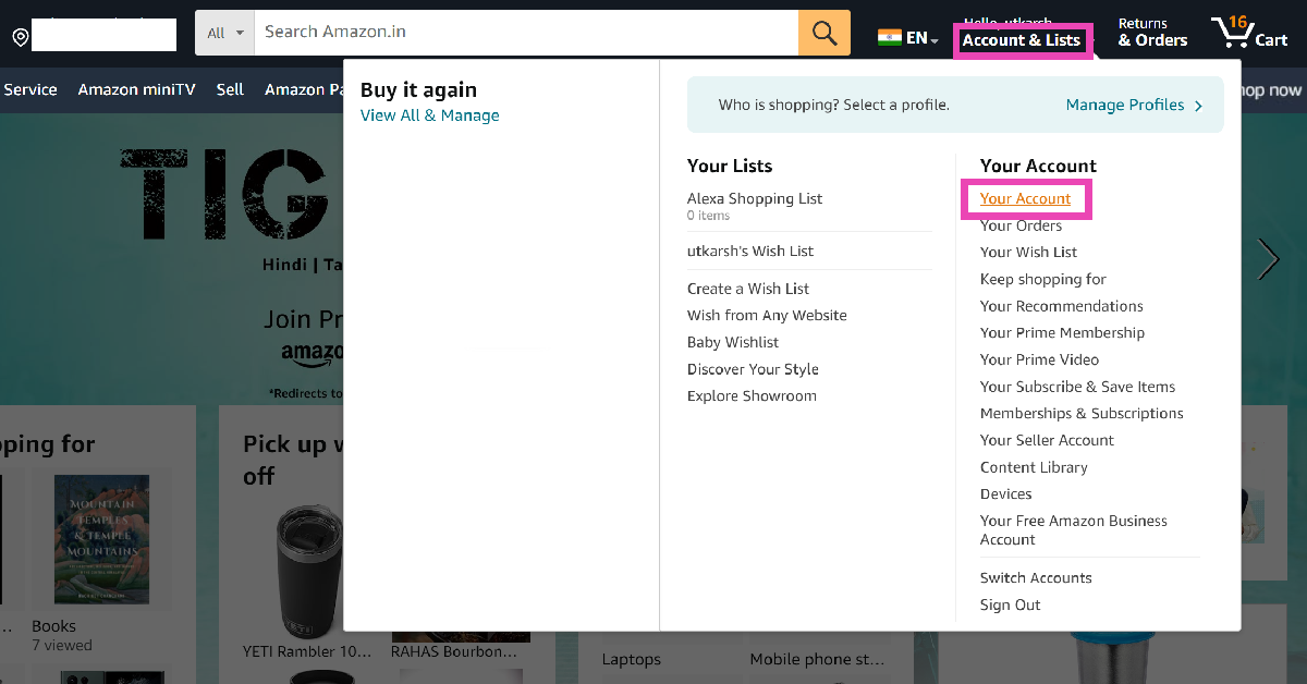 Step 2: Move the cursor to Accounts & Lists and select Your Account.