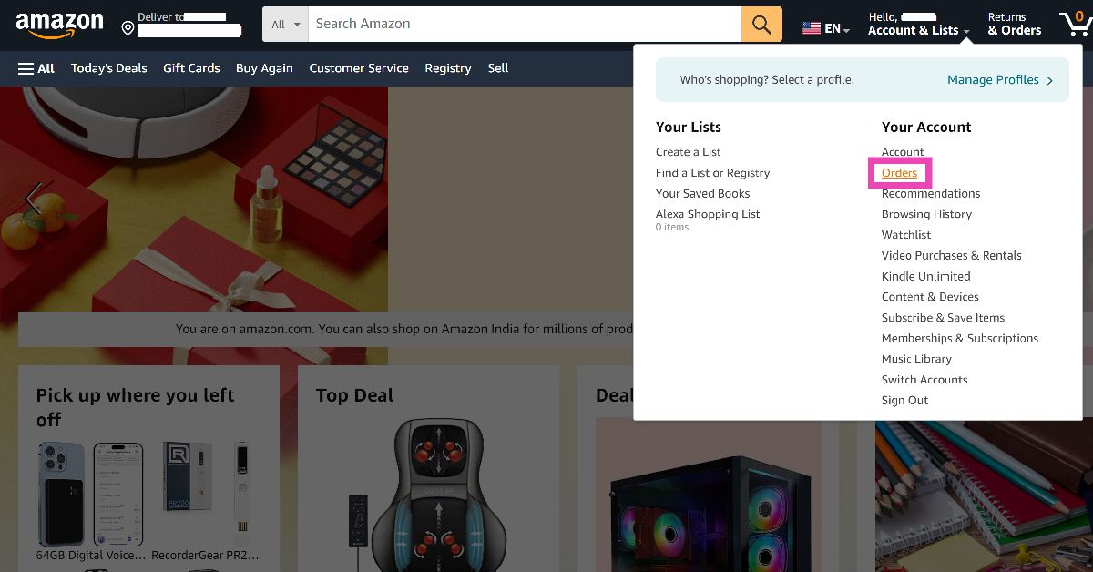 Step 2: Hover the cursor over Accounts & Lists and select Orders.