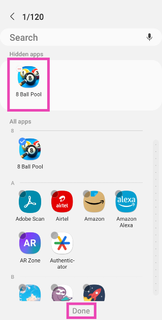 Step 3: The apps that have been hidden will appear in the top row. Tap the app that you want to unhide.
