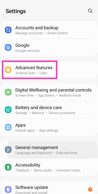 Step 1: Go to Settings and select Advanced features.
