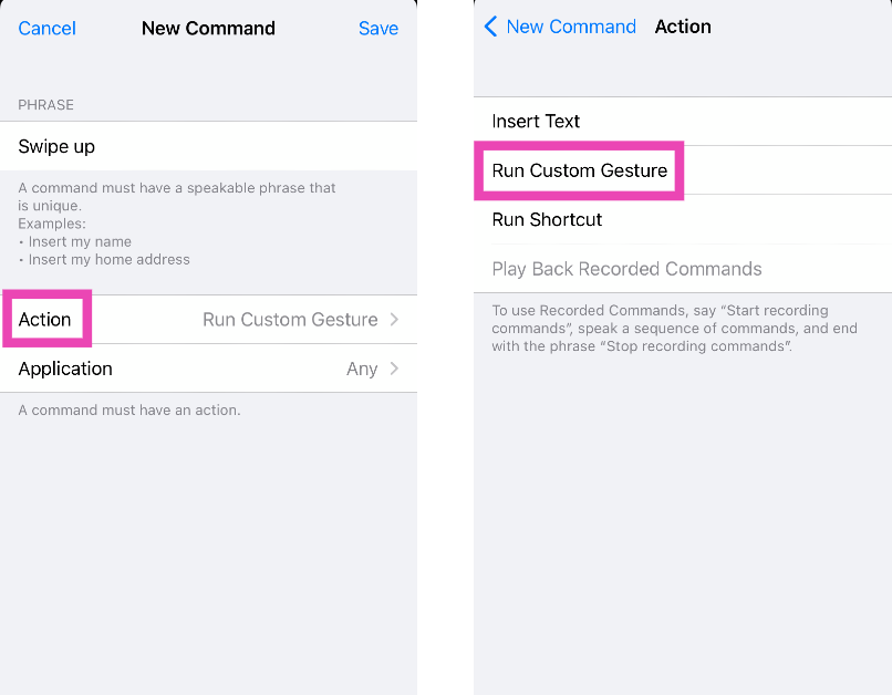 Step 7: Tap on Action and select Run Custom Gesture.