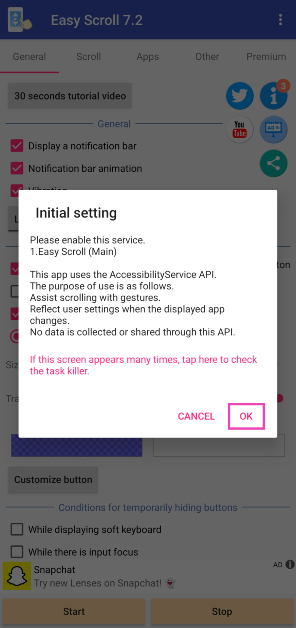 Step 4: Allow Easy Scroll the necessary accessibility permissions.