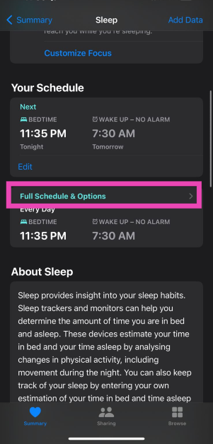 Step 2: Tap on Sleep and select Full Schedule & Options.