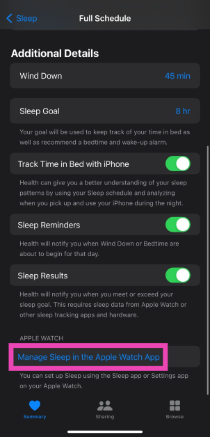 Step 6: Select Manage Sleep in the Apple Watch app.