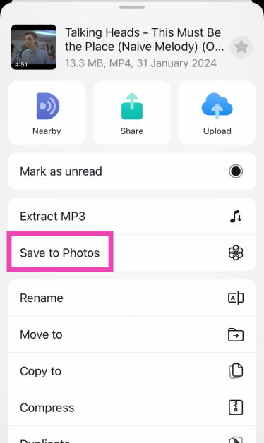 Step 9: Select Save to Photos to move the video to Camera Roll.