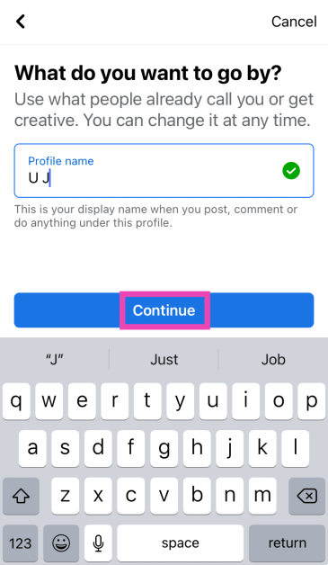 Step 6: Enter your profile name and hit Continue.  How to Add Multiple Facebook Accounts on iPhone (2024)