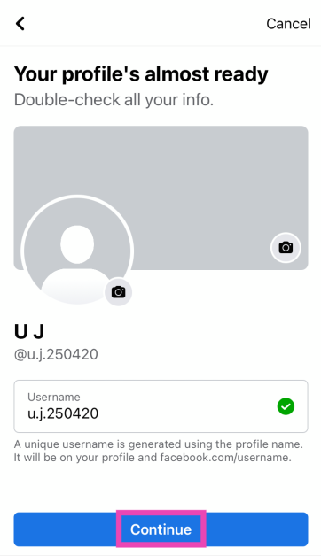Step 7: Set up a profile picture, cover picture, and username. Hit Continue. How to Add Multiple Facebook Accounts on iPhone (2024)