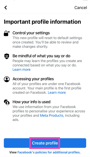 Step 8: On the following page, select Create Profile. How to Add Multiple Facebook Accounts on iPhone (2024)