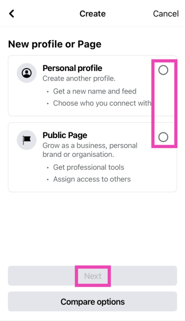 Step 5: Choose whether you want to create a personal profile or a public page. Hit Next. How to Add Multiple Facebook Accounts on iPhone (2024)