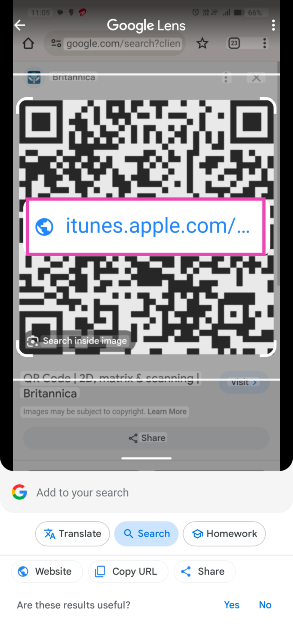 Step 5: Google Lens will scan the QR code and present the result.