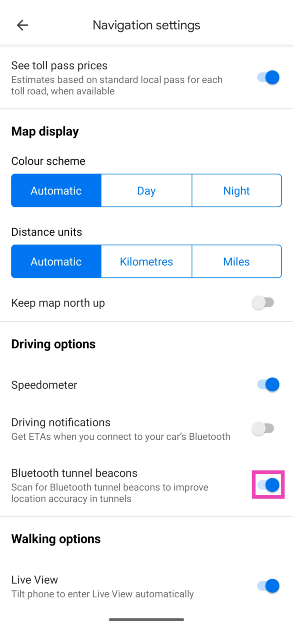 Step 5: In the Driving options section, turn on the toggle switch for Bluetooth tunnel beacons. Google Maps gets in-tunnel navigation feature: Here’s how you can enable it