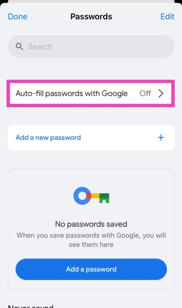 Step 4: This is where you can view your saved passwords. Tap on Auto-fill passwords with Google.